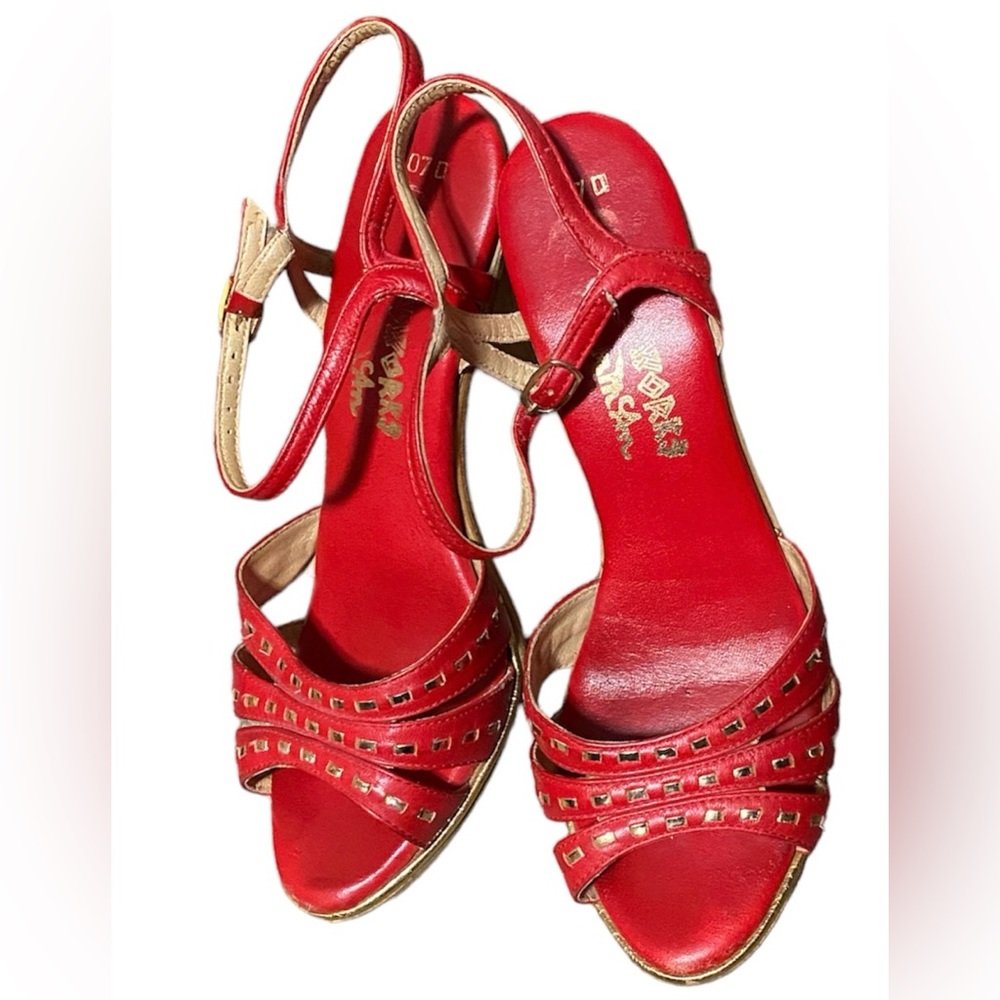 Vintage 70s Leather and Wood Heel Sandals